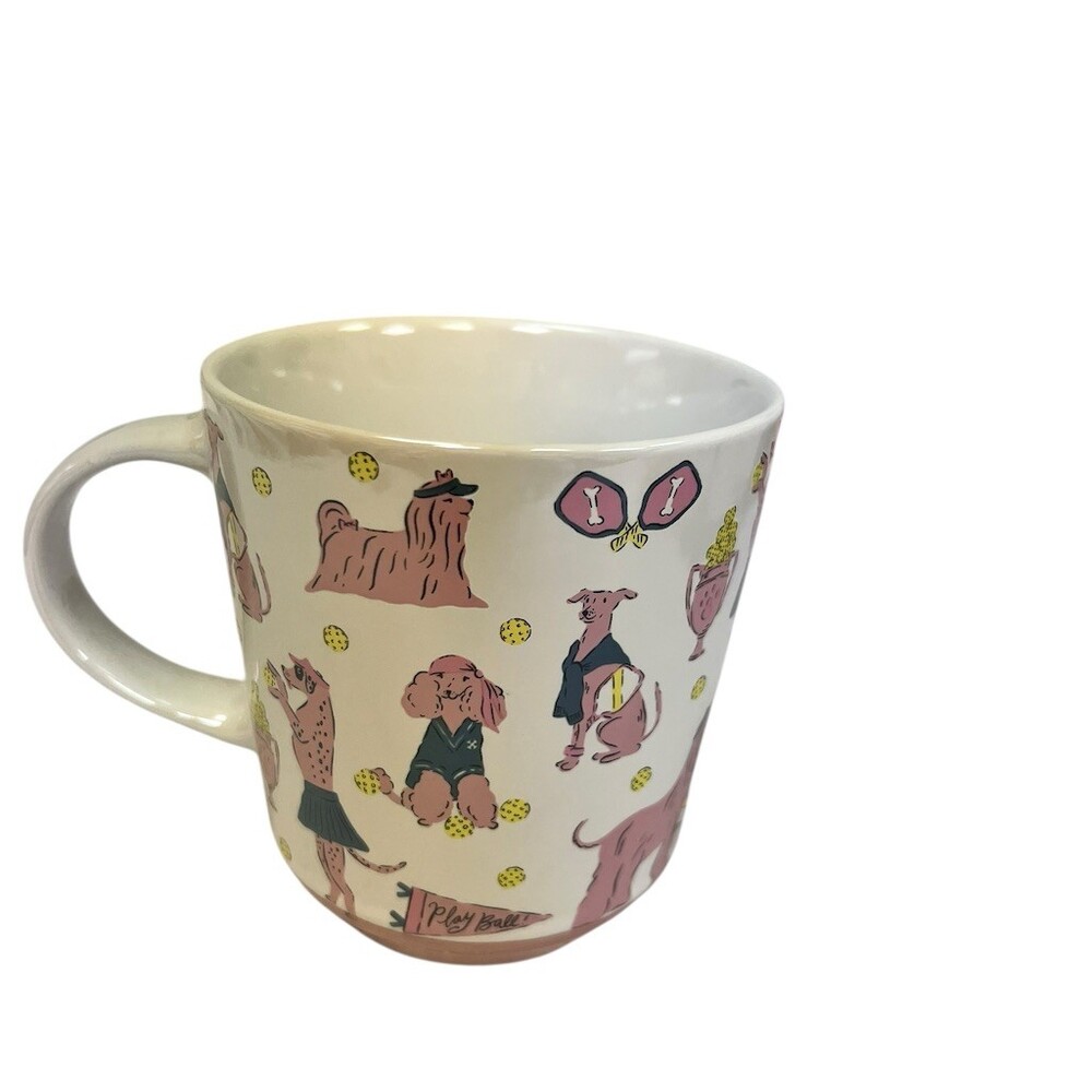 Prima Design Coffee/Tea Mug Pink & White Dog Play Ball Tennis Ball Print